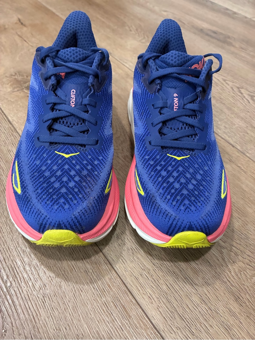 Hoka Clifton 9 Women's Running Shoes - Blue with Coral and Yellow Accents